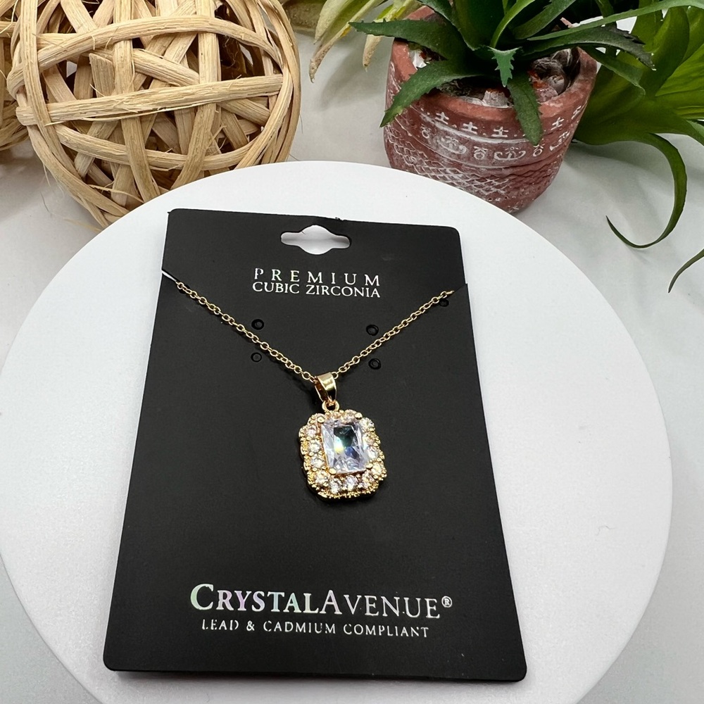 Crystal‎ Avenue 14KT Gold Pl. Stainless Steel Prem. Cubic Zirconium Necklace NEW